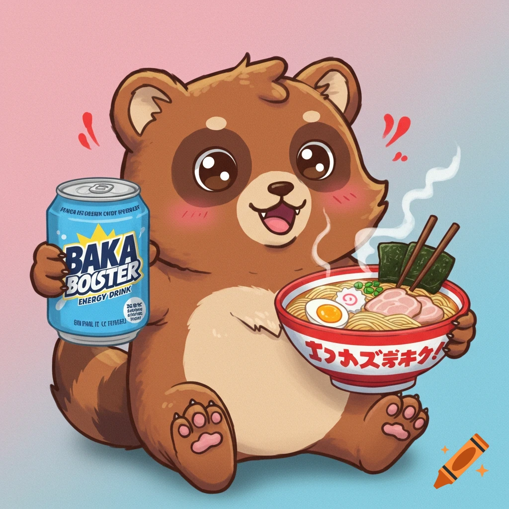 Cute tanuki holding a Baka Booster energy drink and a bowl of ramen in a 2D illustration style.