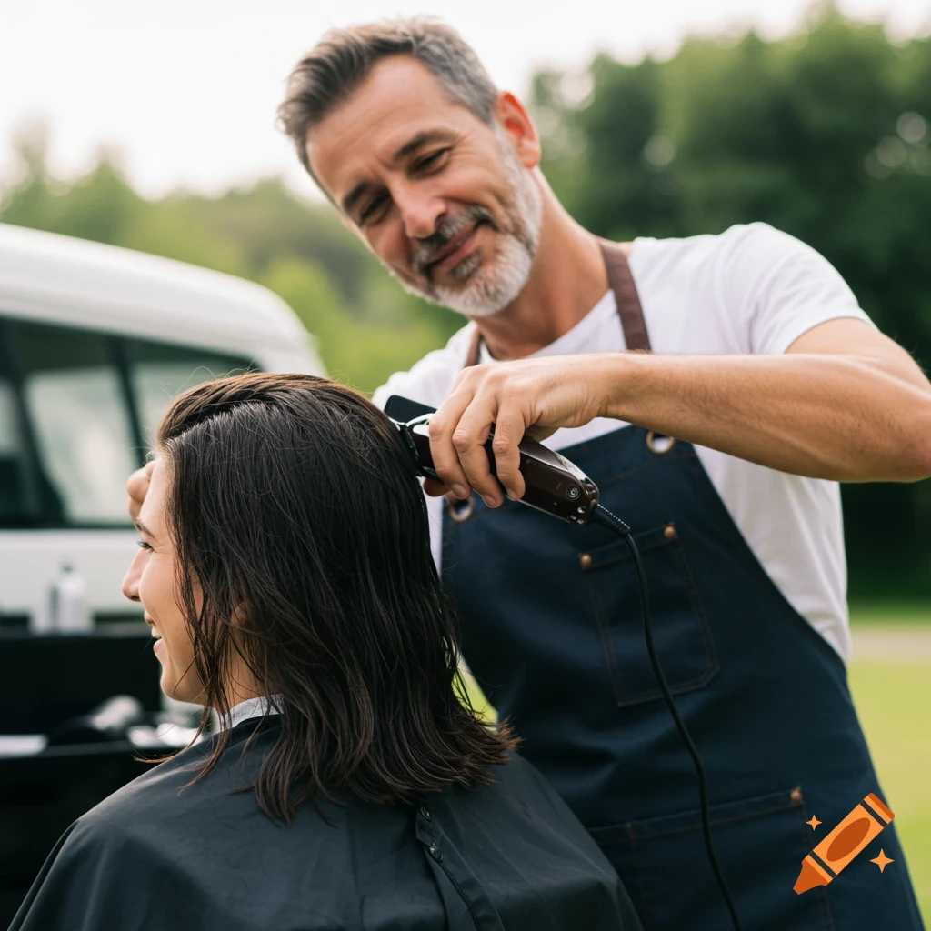 A mobile barber cuts a client's hair outdoors.