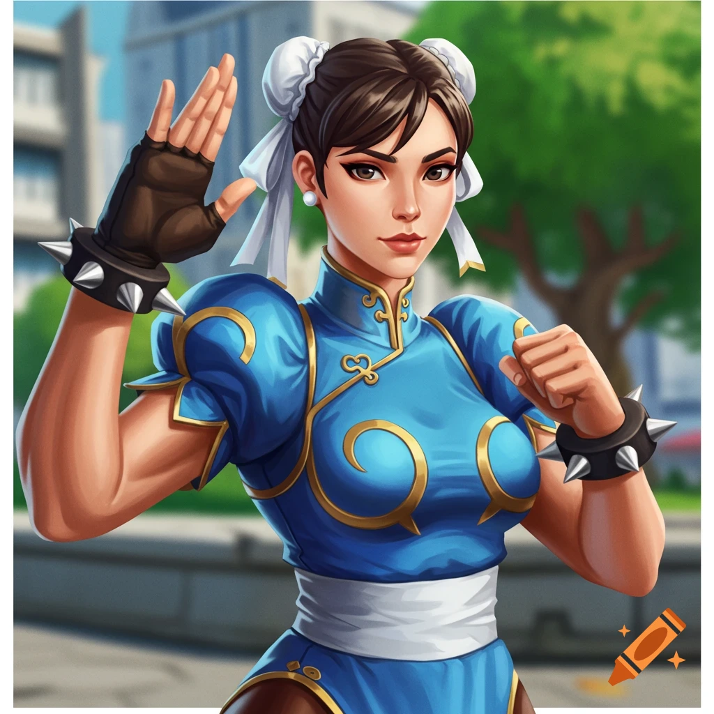 Chun-Li from Street Fighter in her blue outfit, in a fighting pose.