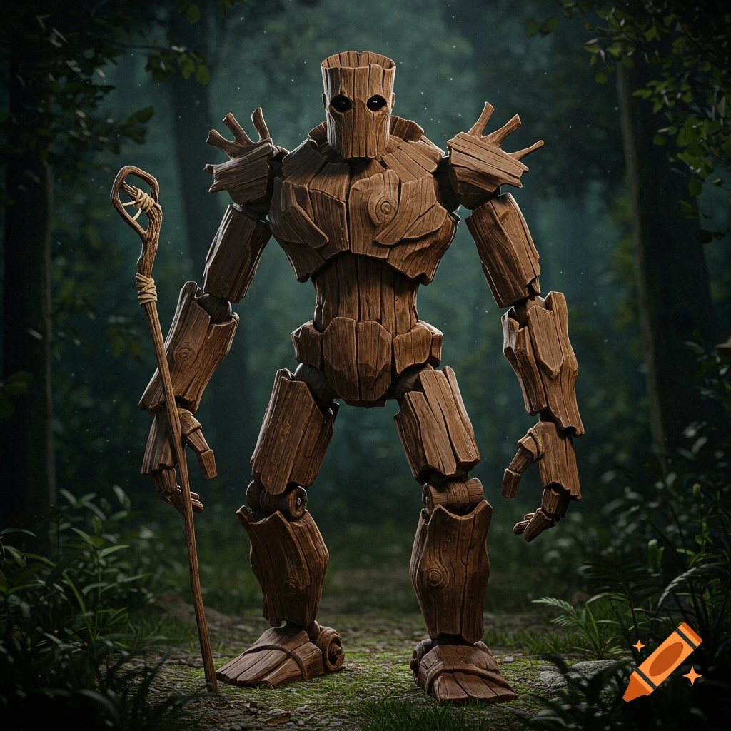 Detailed 3D render of a wooden golem standing in a forest, holding a staff.