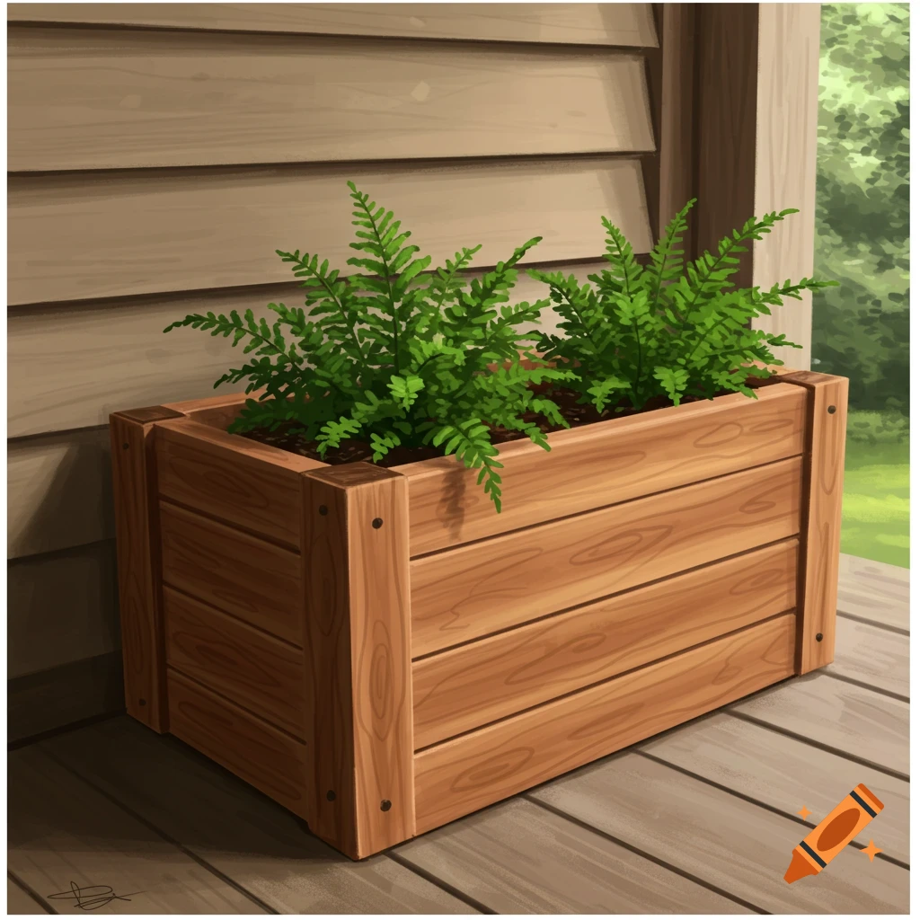 A wooden planter box with ferns on a deck.