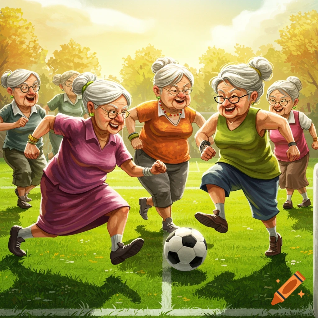 Cheerful elderly women are playing soccer on a sunny field.