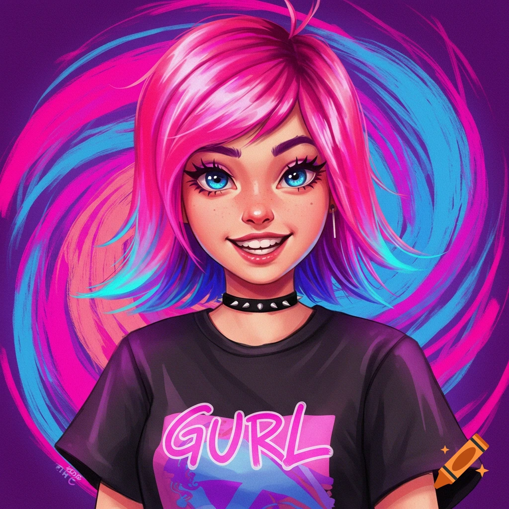 A vibrant image of a stylized girl with pink and blue hair and bright blue eyes, wearing a choker and a t-shirt with 'GURL' on it.