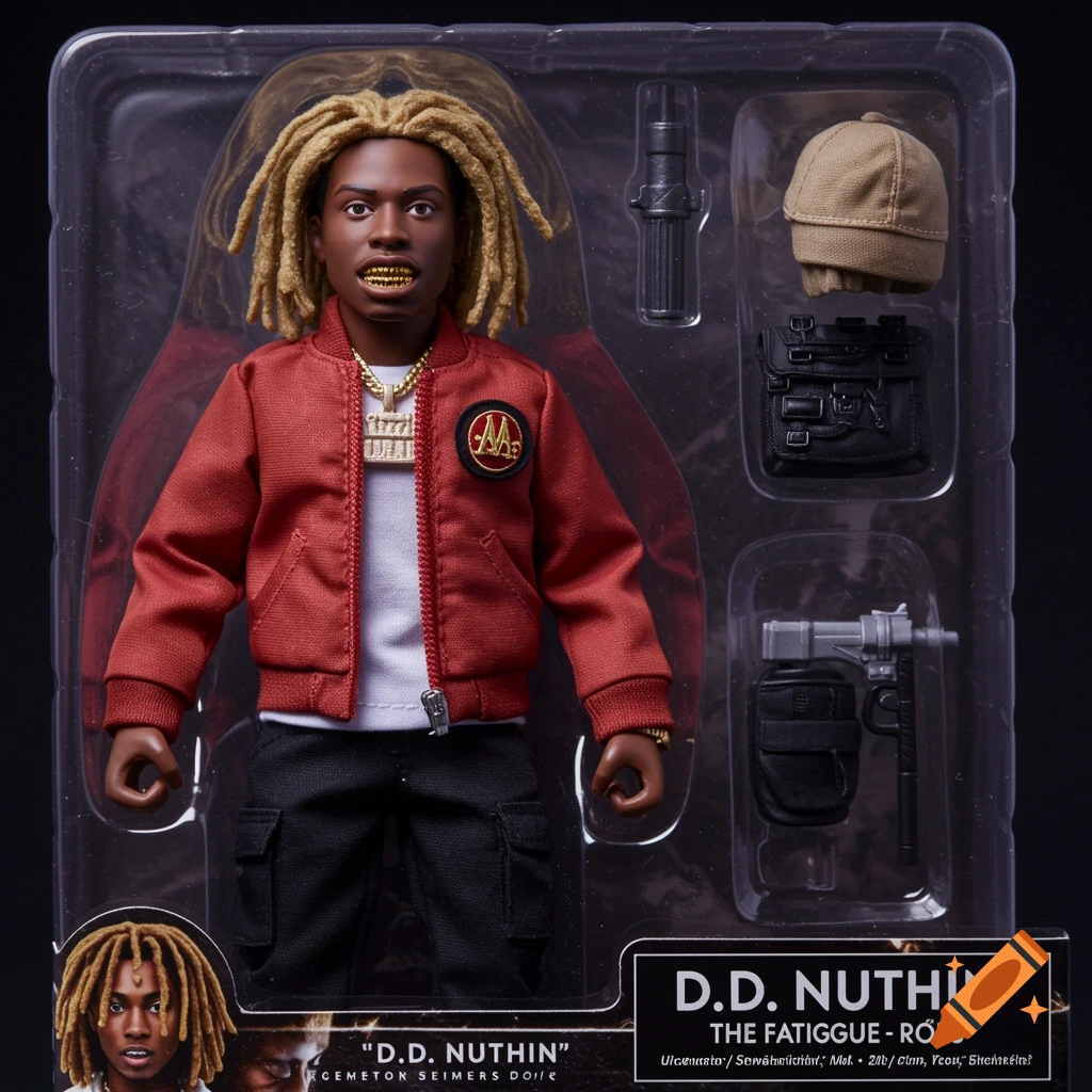 Hyper-realistic image of a packaged action figure, 'D.D. Nuthin'', with blonde dreadlocks, gold teeth, and red jacket.