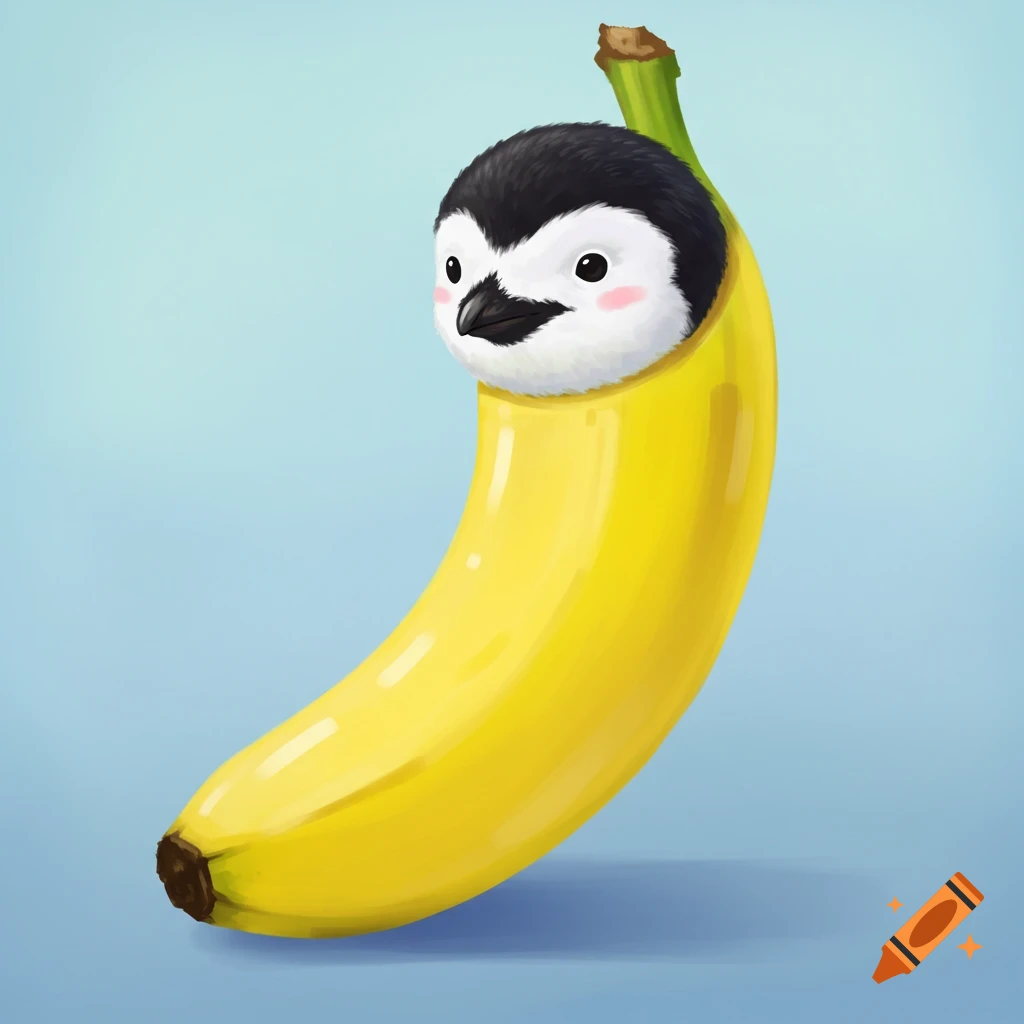A penguin head sticking out of a banana.