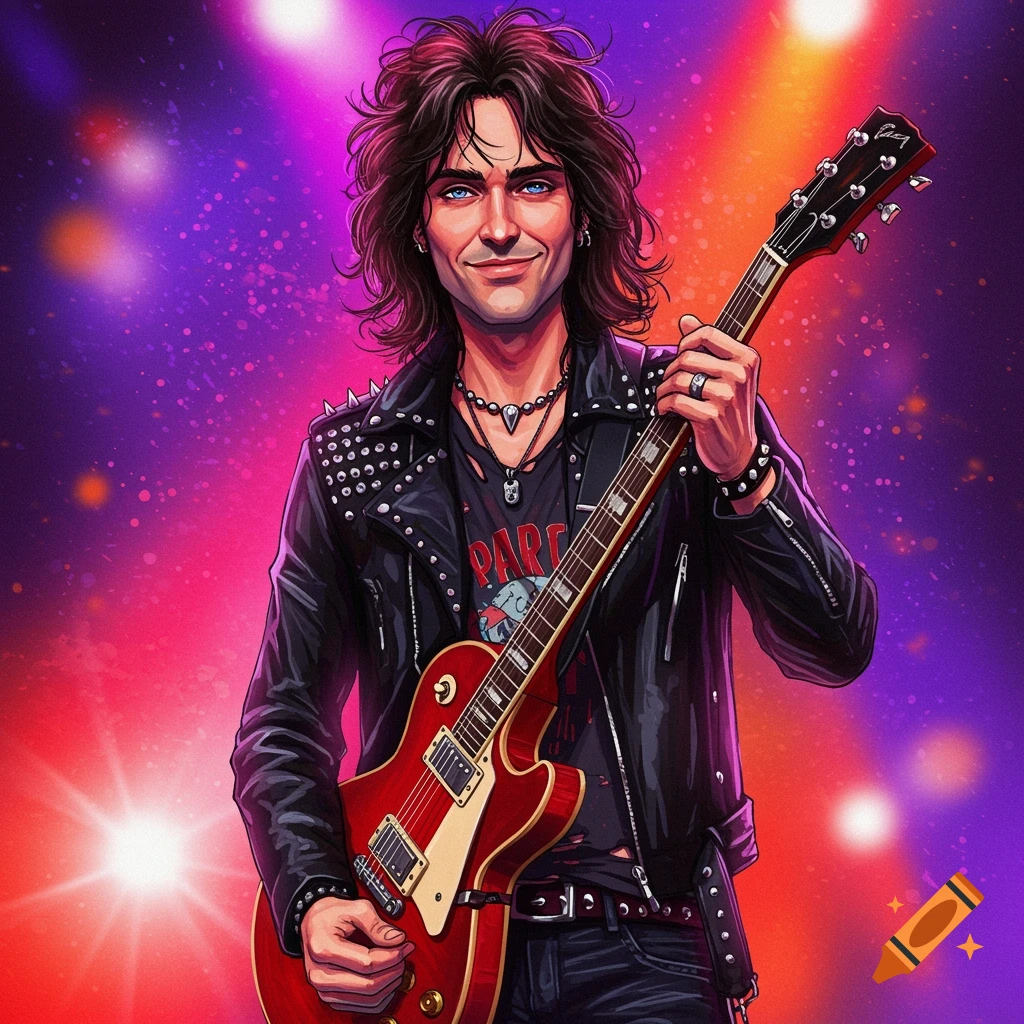 A rock musician with a guitar on a stage.