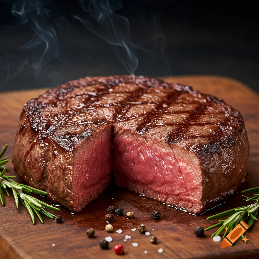 A sliced steak on a wooden board with rosemary and spices, steaming.