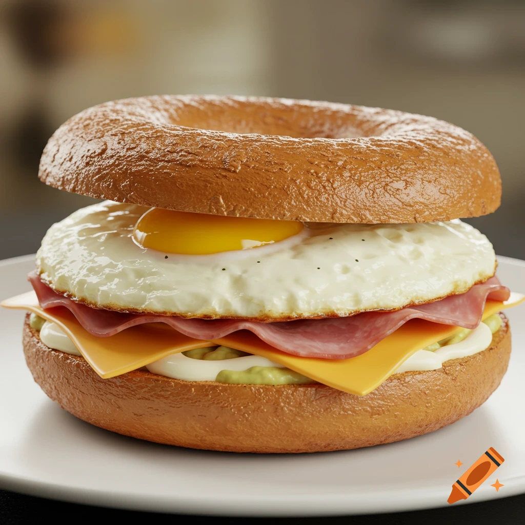 Close-up photorealistic view of a bagel sandwich with egg, ham, cheese, and mayonnaise.