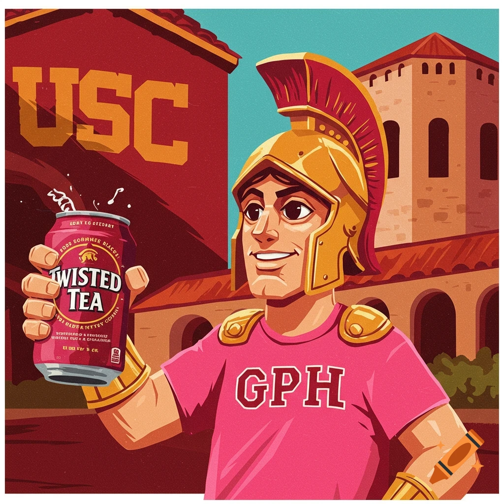 Cartoon Trojan mascot in pink shirt holding a Twisted Tea can at USC.