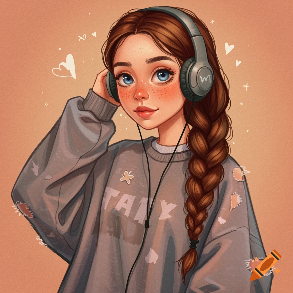 A girl with a braid and headphones wearing a grey sweatshirt