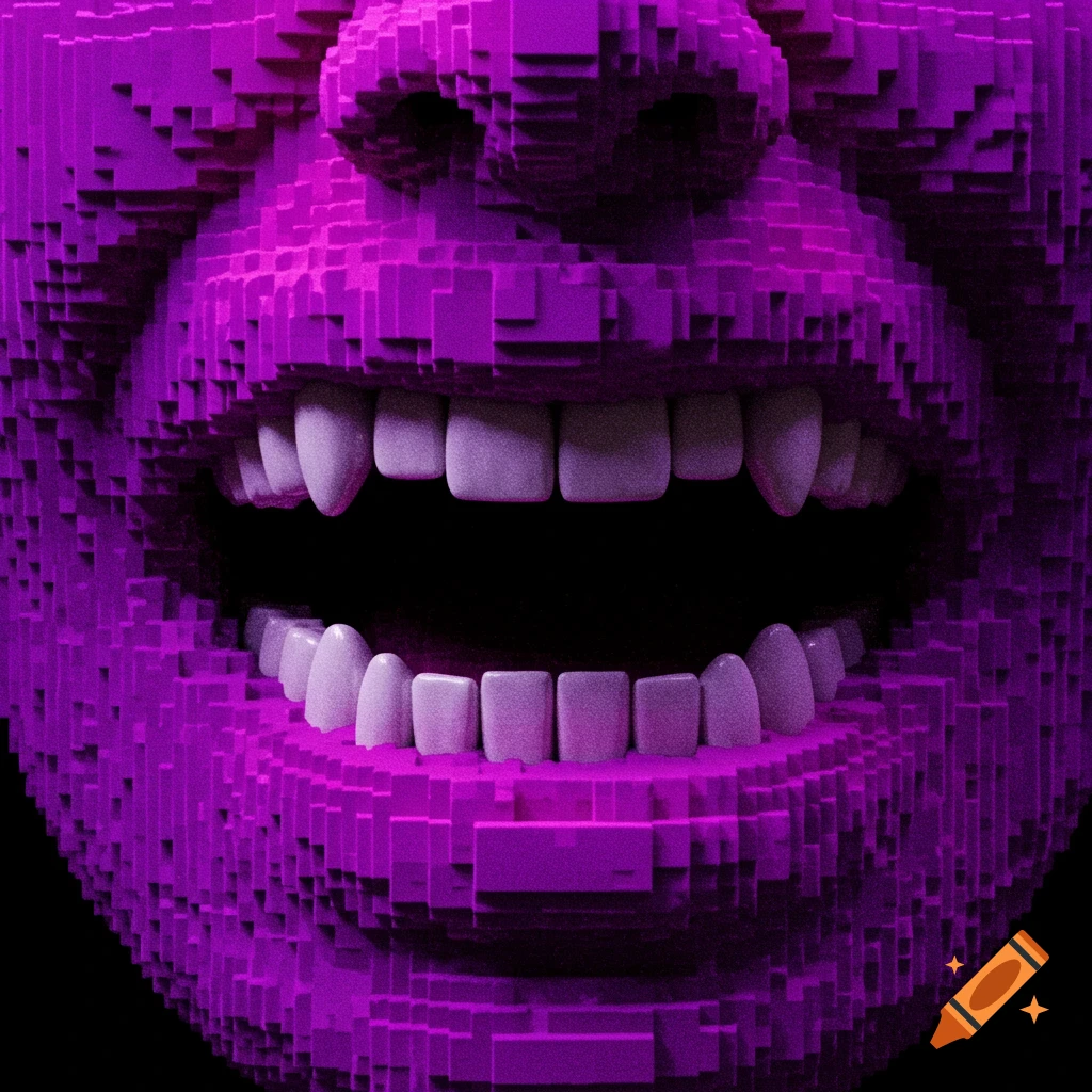 Close-up of a purple pixelated face with an open mouth and sharp teeth.