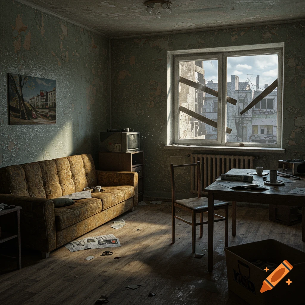 A dystopian, dilapidated apartment room with peeling wallpaper, a worn sofa, newspapers, and a broken window.