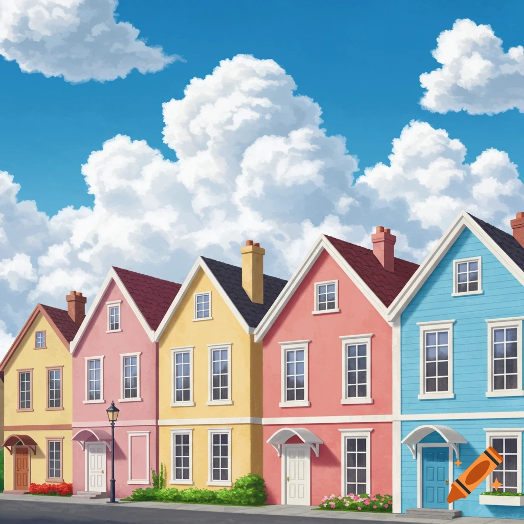 A row of colorful houses under a blue sky with puffy clouds.