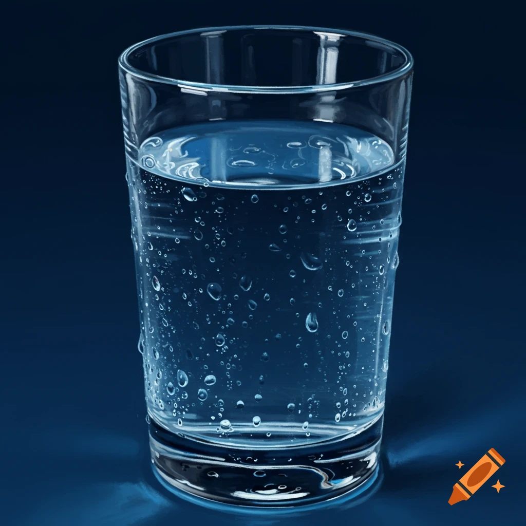 A full glass of water with condensation droplets on a dark blue background.