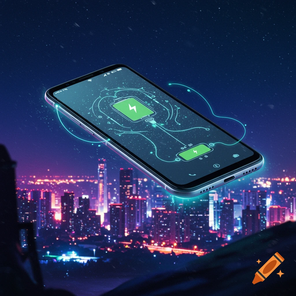 A smartphone floats above a futuristic city skyline at night, displaying a charging battery icon with glowing circuits.