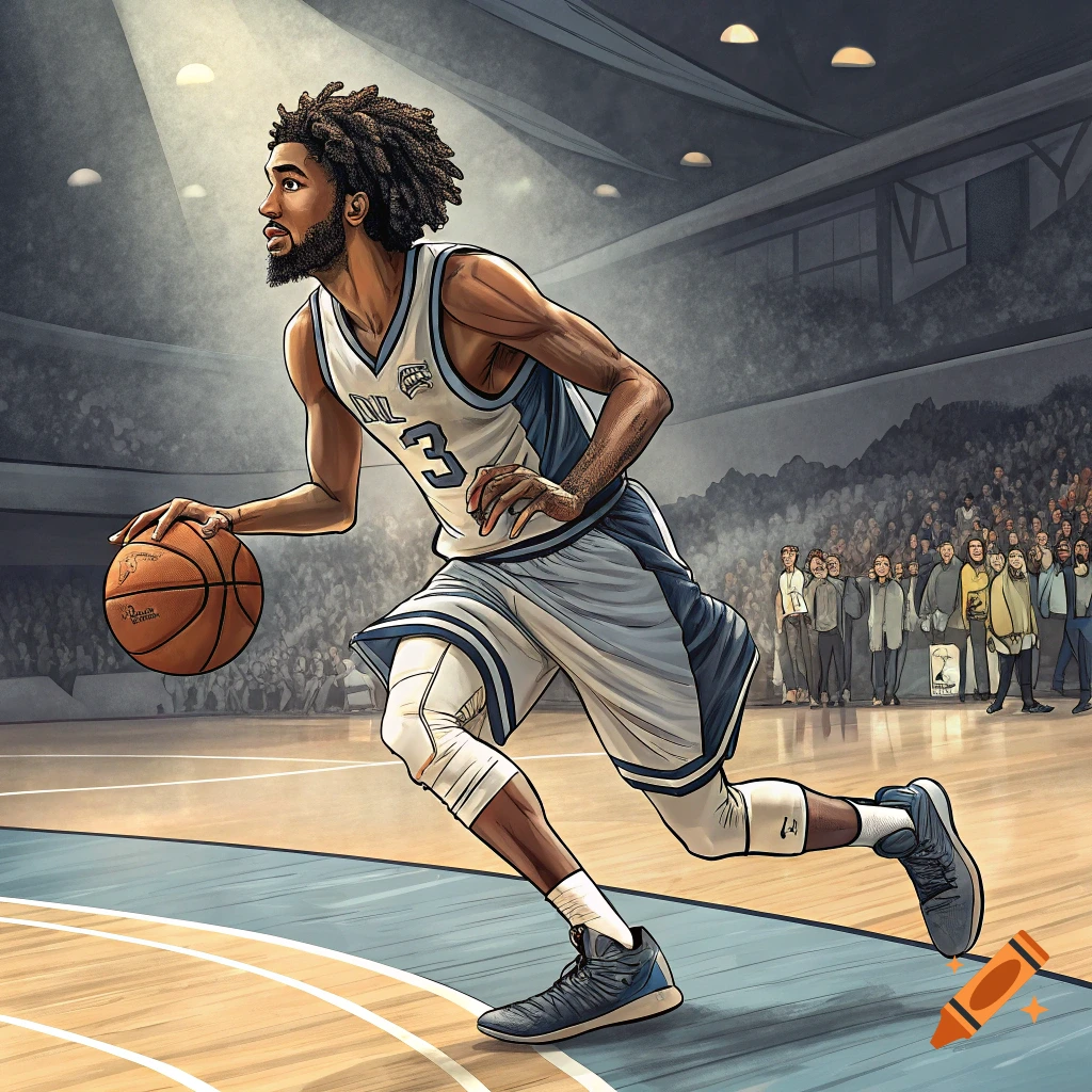 A stylized illustration of a basketball player dribbling the ball in a stadium.