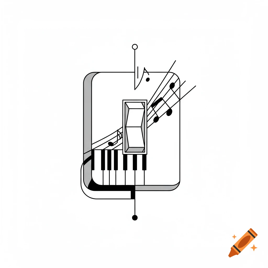 Minimalist line art of a light switch with piano keys and music notes