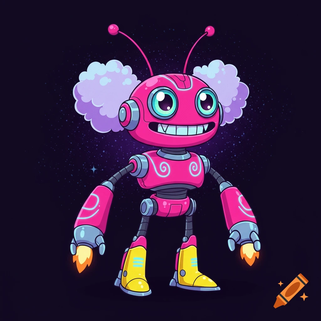 A cute pink cartoon robot with antennae and yellow boots stands in space.