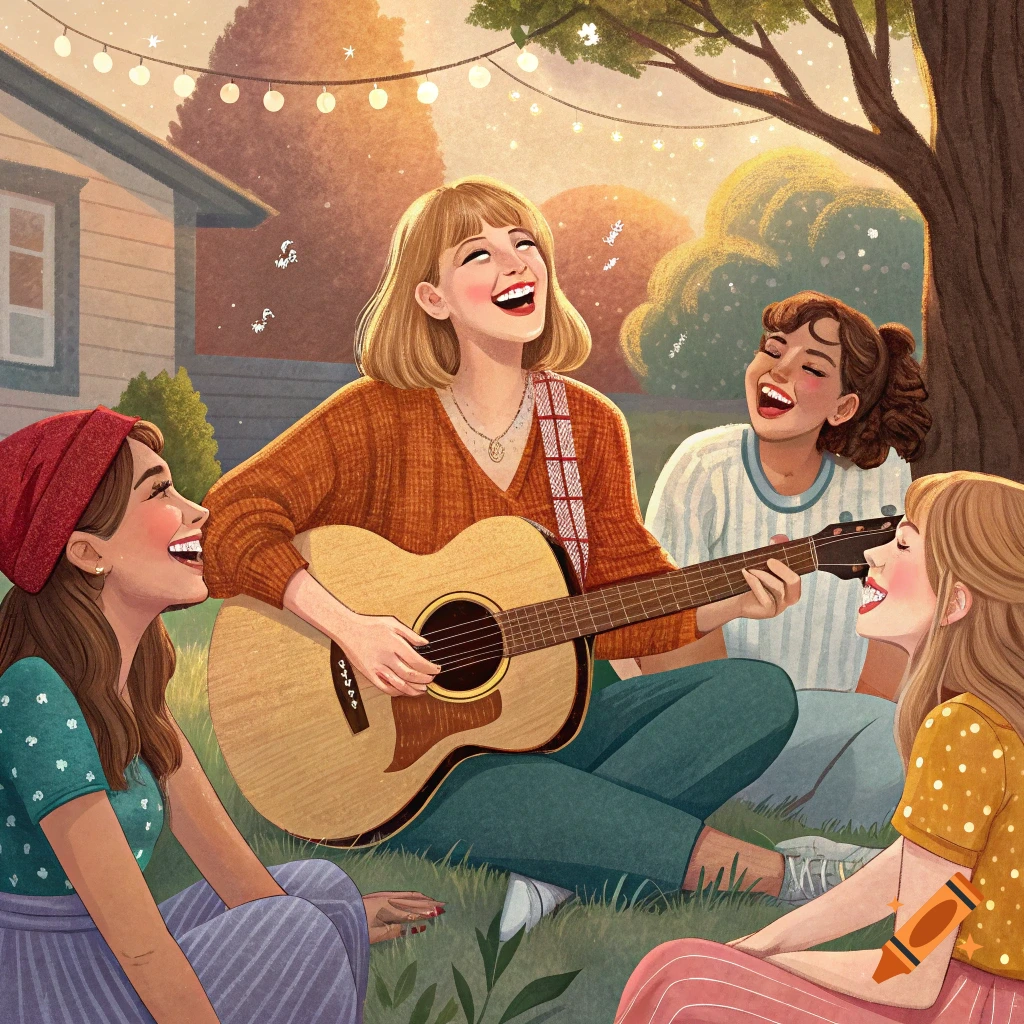 An illustration of four friends playing guitar and singing outdoors with string lights.