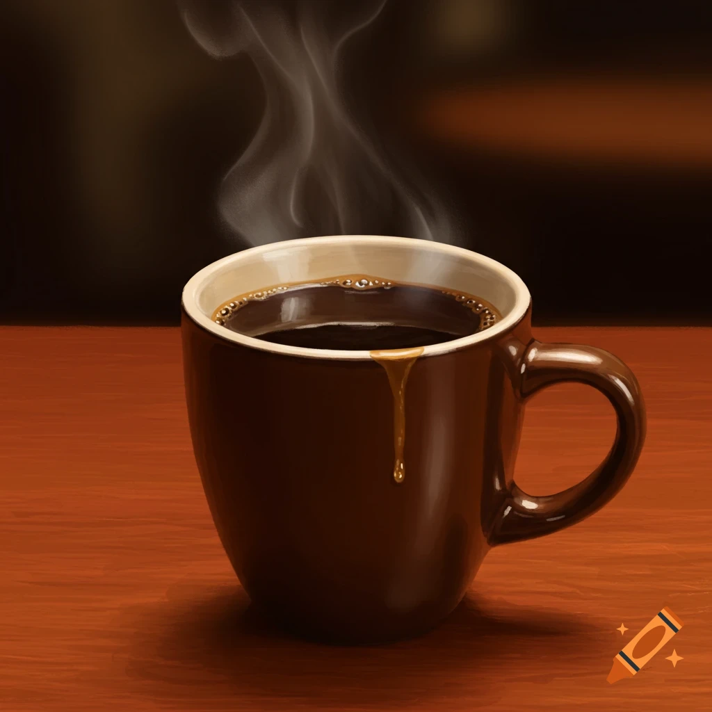 A steaming brown mug of coffee sits on a wooden table.