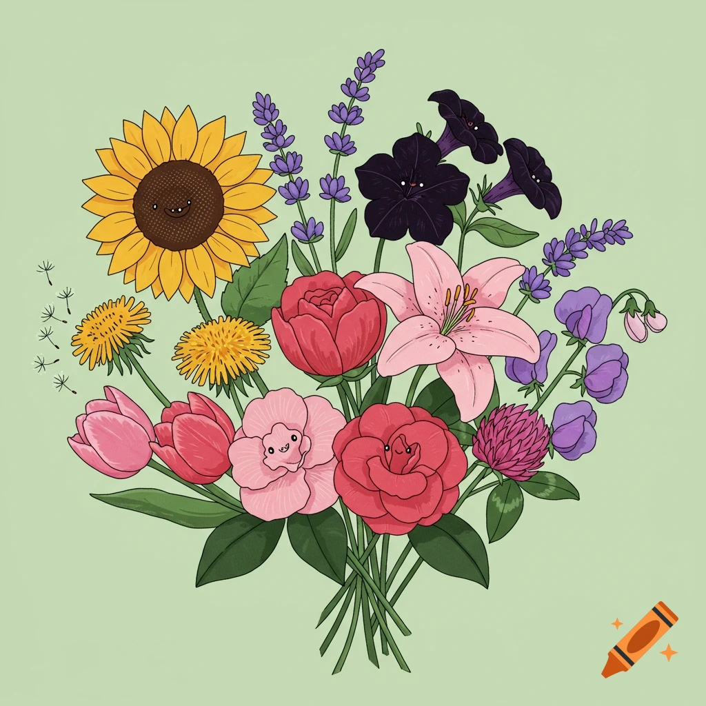 A cartoon illustration of a colorful bouquet of flowers, some with faces, on a light green background.