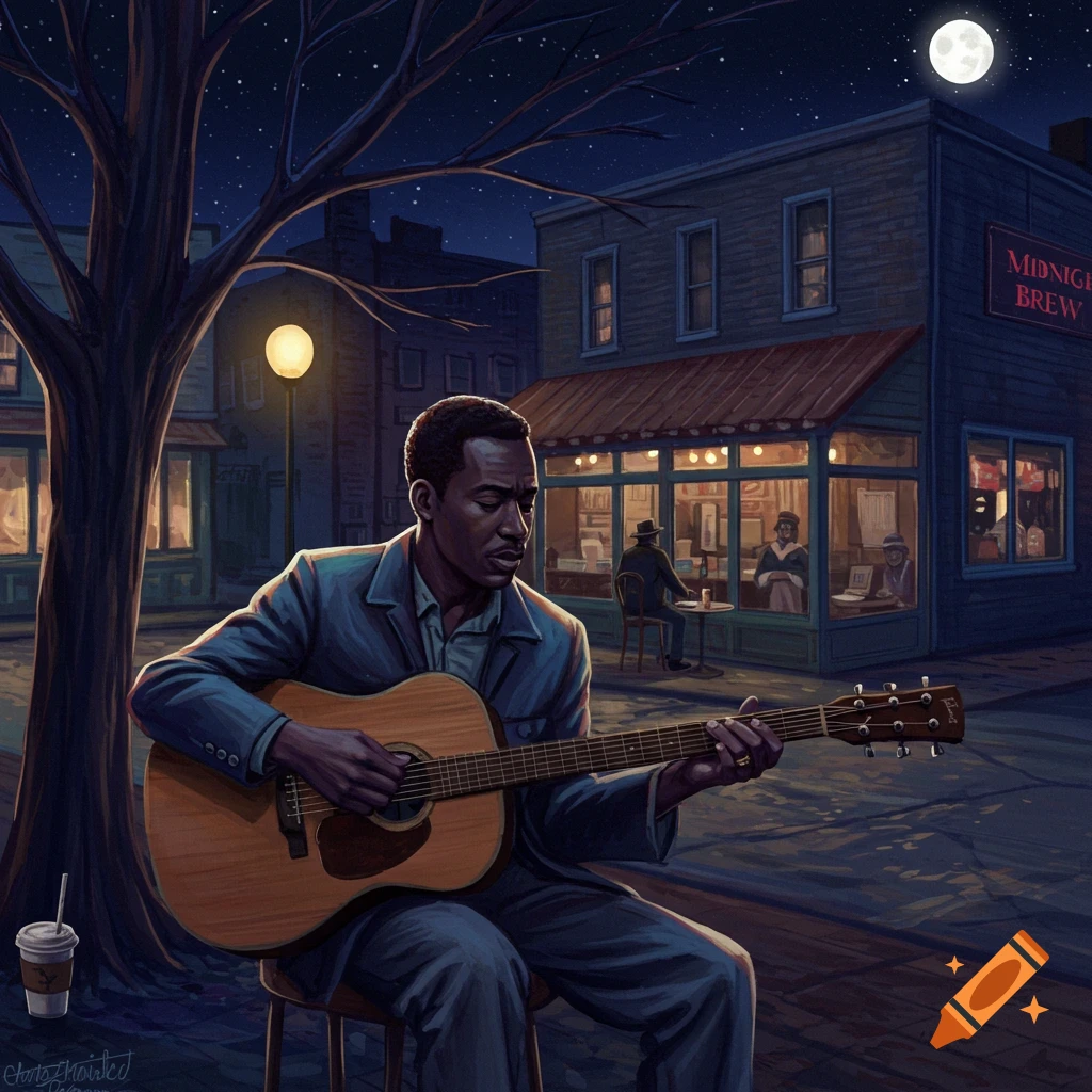 A man plays an acoustic guitar outside a coffee shop called "Midnight Brew" at night under a full moon.