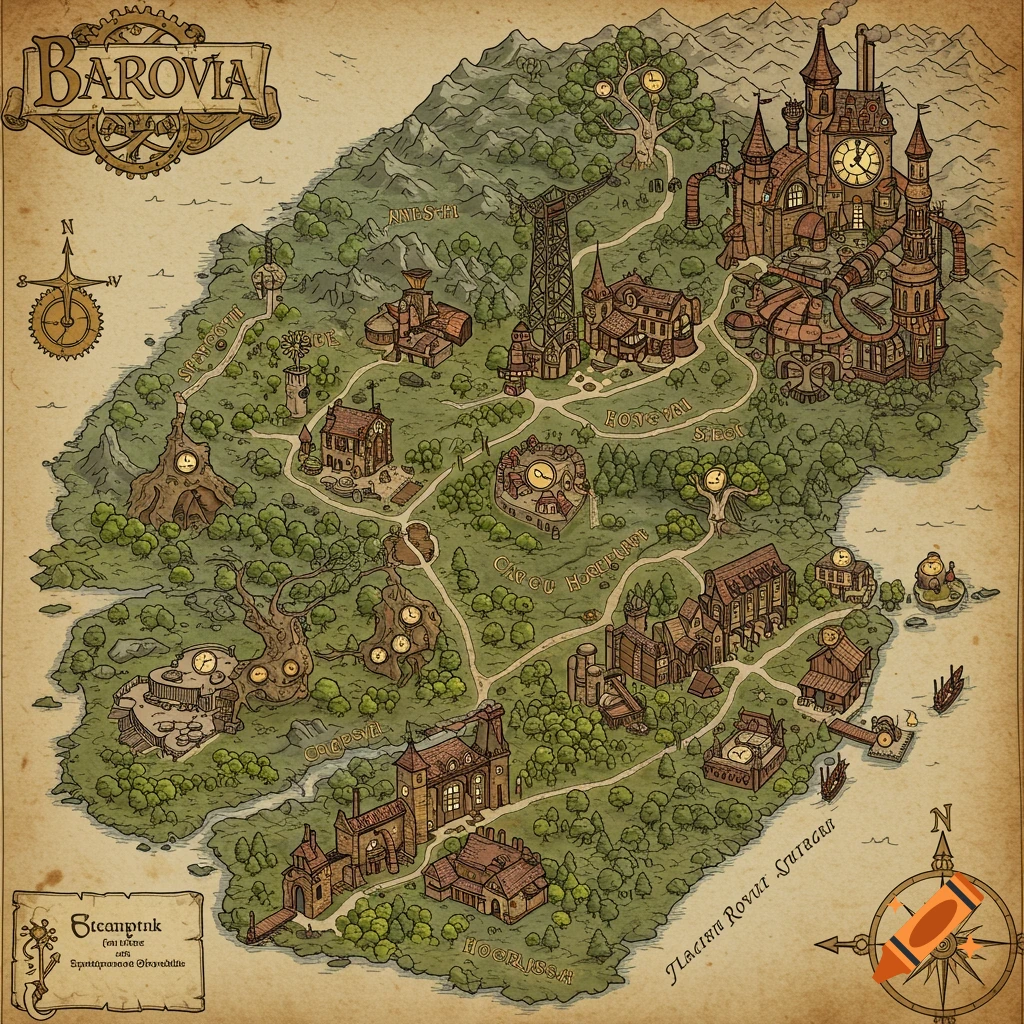 An illustrated steampunk-style map of a fictional land with labeled locations, mountains, trees, and clockwork elements.