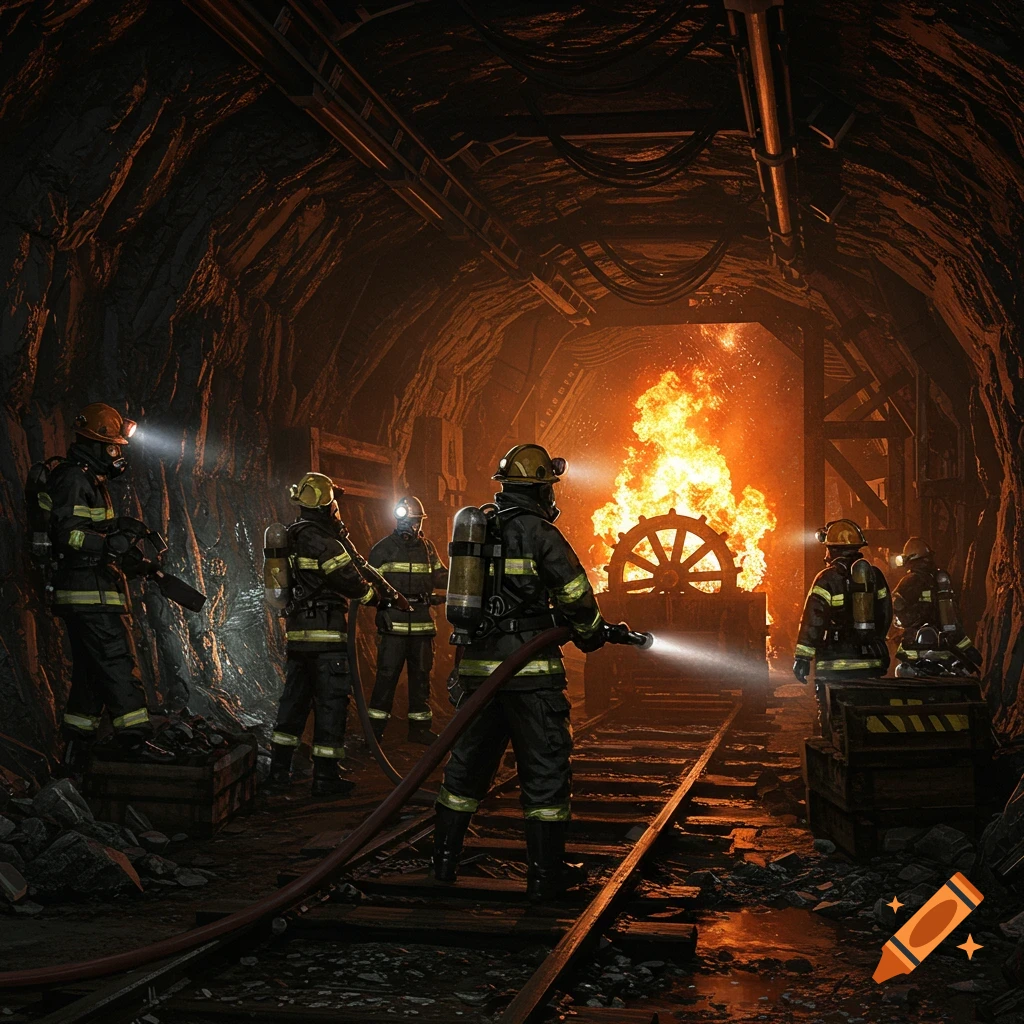 A mine rescue team fighting a fire underground.