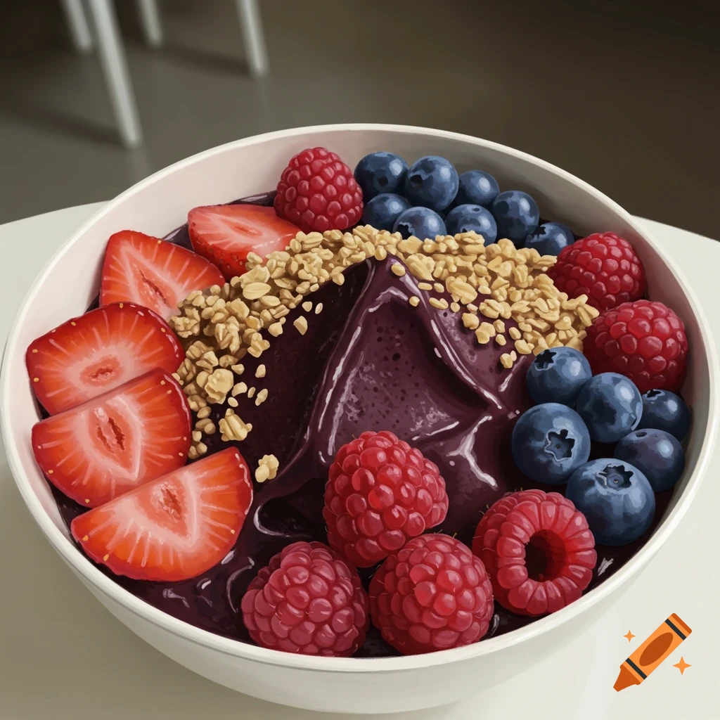 Close-up of an açaí bowl topped with strawberries, raspberries, blueberries, and granola.