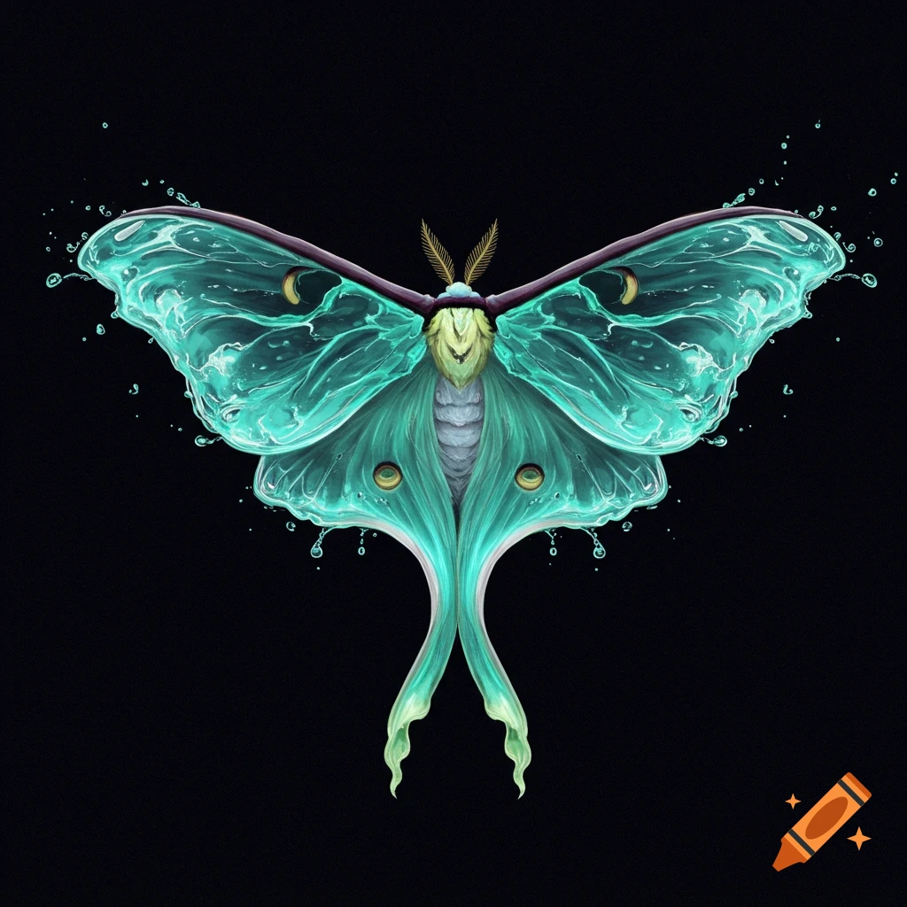 A teal Luna moth with wings made of splashing water against a black background.