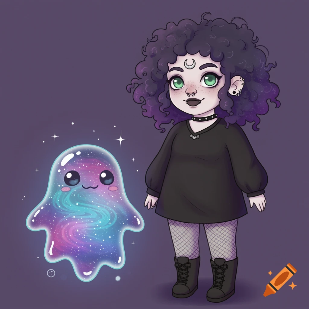 A digital illustration of a chibi goth girl with purple hair standing beside a glowing, galaxy-filled blob creature.