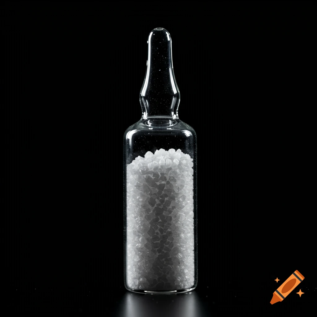 A sealed glass ampoule filled with white salt crystals against a black background.