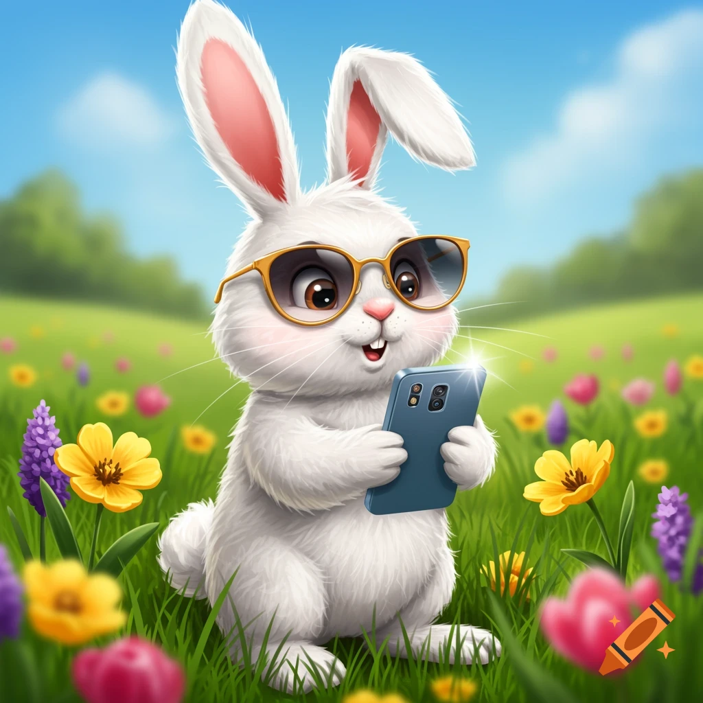 A cartoon Easter bunny wearing sunglasses holds a smartphone in a field of colorful spring flowers.