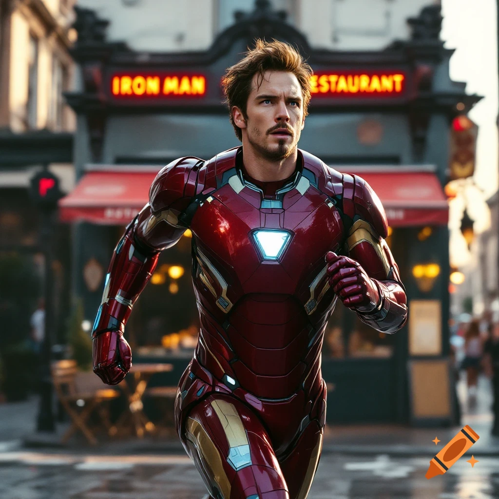 Benedict Cumberbatch in an Iron Man suit runs on a city street.