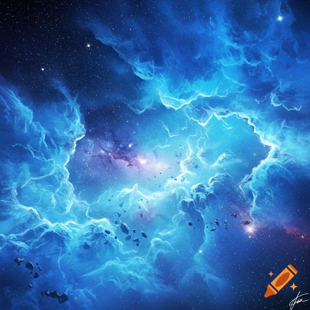 A blue nebula and stars with asteroids in space.