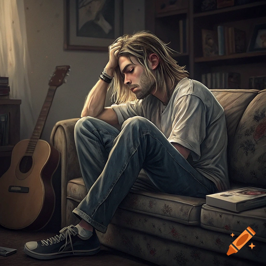 Man sits slumped on couch next to a guitar in a dimly lit room.