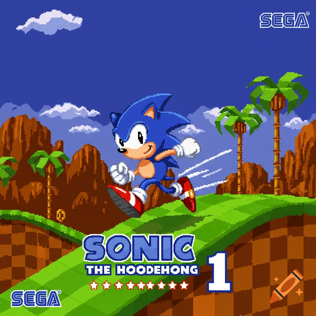 Pixel art image of Sonic the Hedgehog running on a hill, like the Sonic 1 game cover. Text reads SONIC THE HOODEHONG 1 and SEGA.