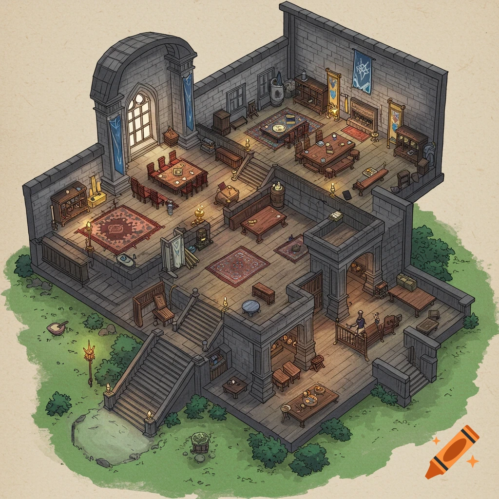 Isometric illustration of a fantasy building interior with multiple rooms, furniture, and stairs.