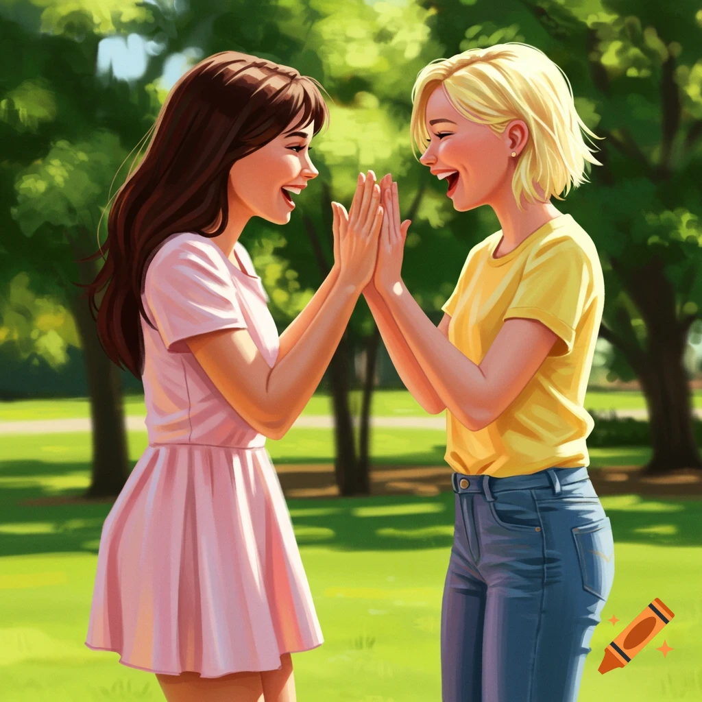 Two young women in a park play pattycake.