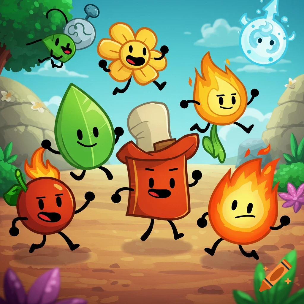 Cartoon object characters including a leaf, flower, fire, and others running in a landscape.