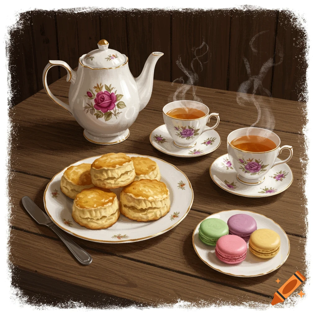 A wooden table set with a teapot, two teacups of tea, scones, and macarons.