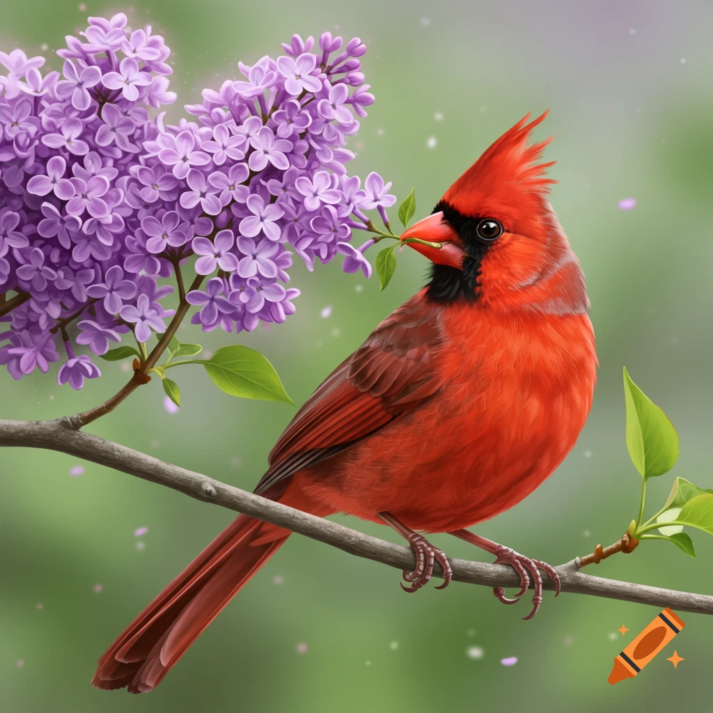 A vibrant red cardinal sits on a branch next to purple lilac flowers.