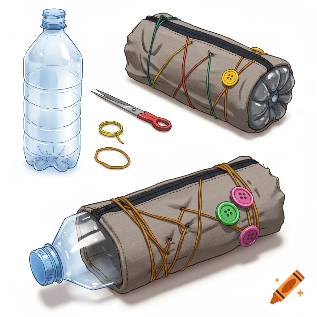 Digital illustration showing a plastic bottle, scissors, and rubber bands next to two DIY pencil cases made from recycled bottles covered in fabric with zippers and buttons.