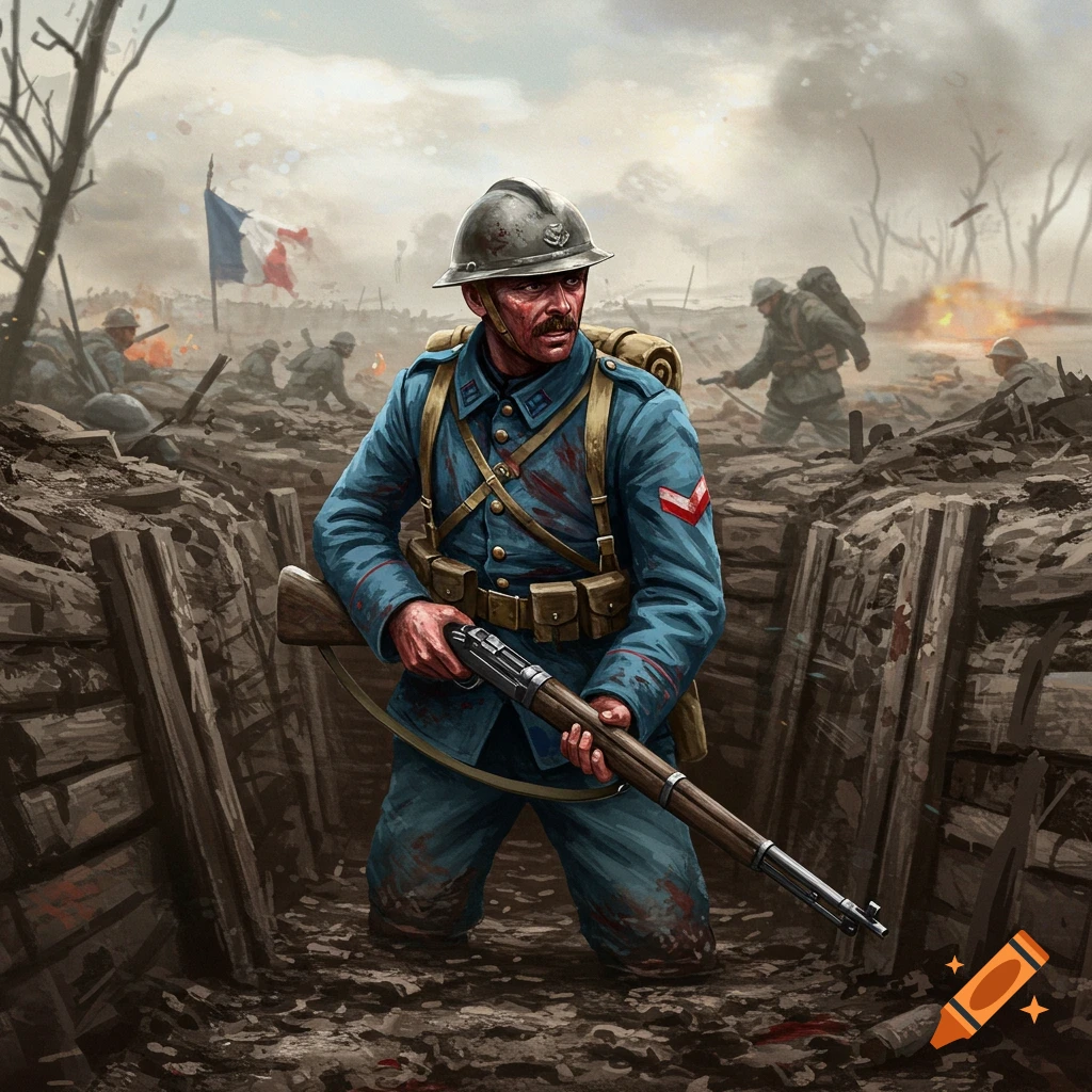 A World War 1 French soldier in a trench with a rifle.
