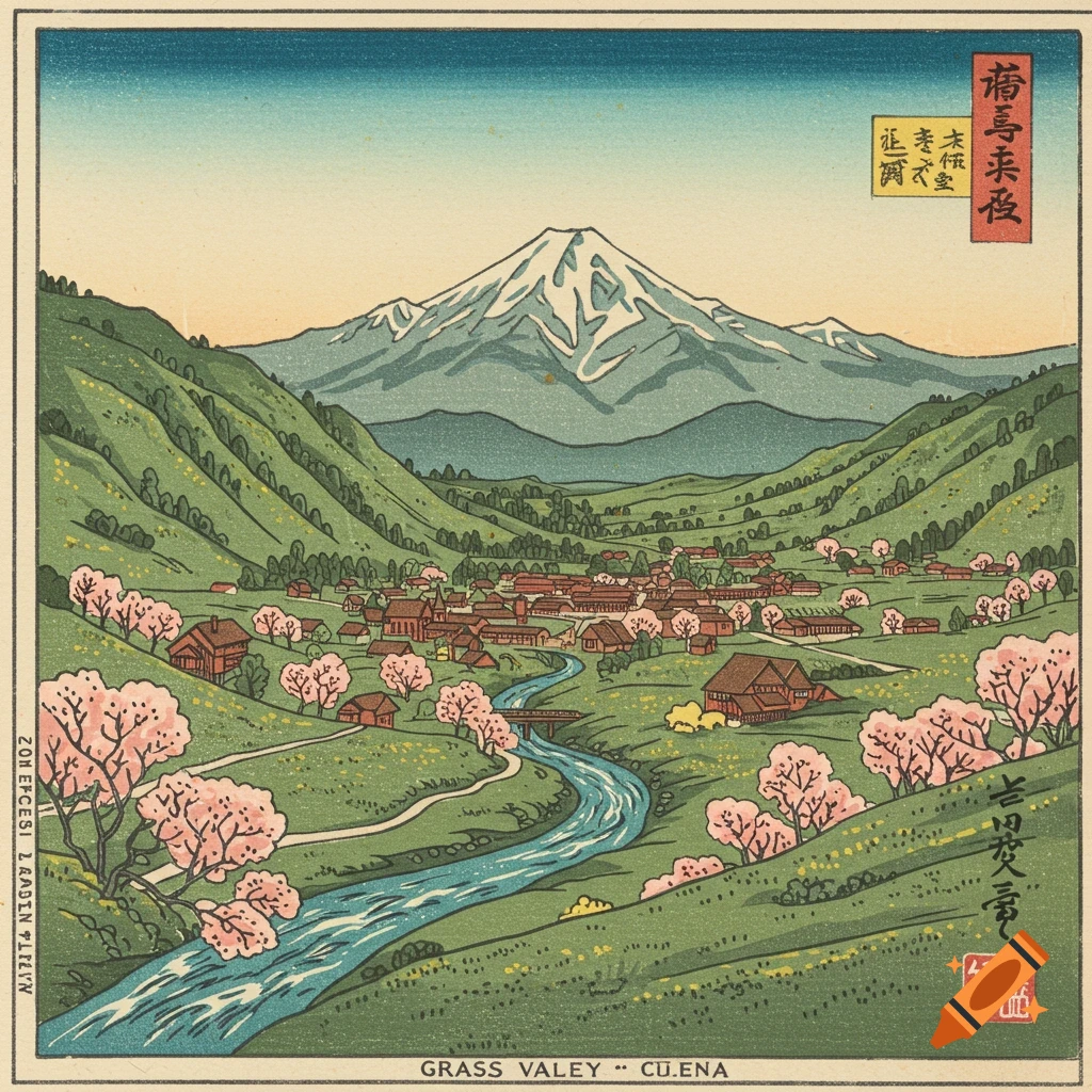 Retro Japanese woodblock print of a village in a valley with a river, cherry blossoms, and a snow-capped mountain in the background.