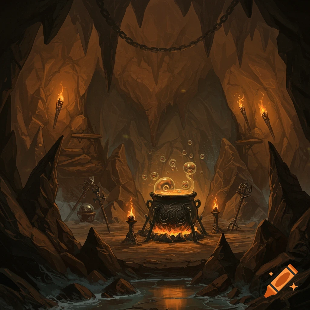 A dark cave with a bubbling cauldron over a fire, surrounded by torches and ritual items.