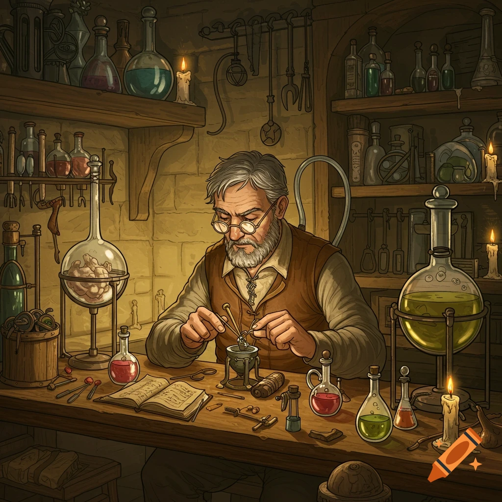 An old artificer works in a medieval laboratory filled with beakers and equipment.