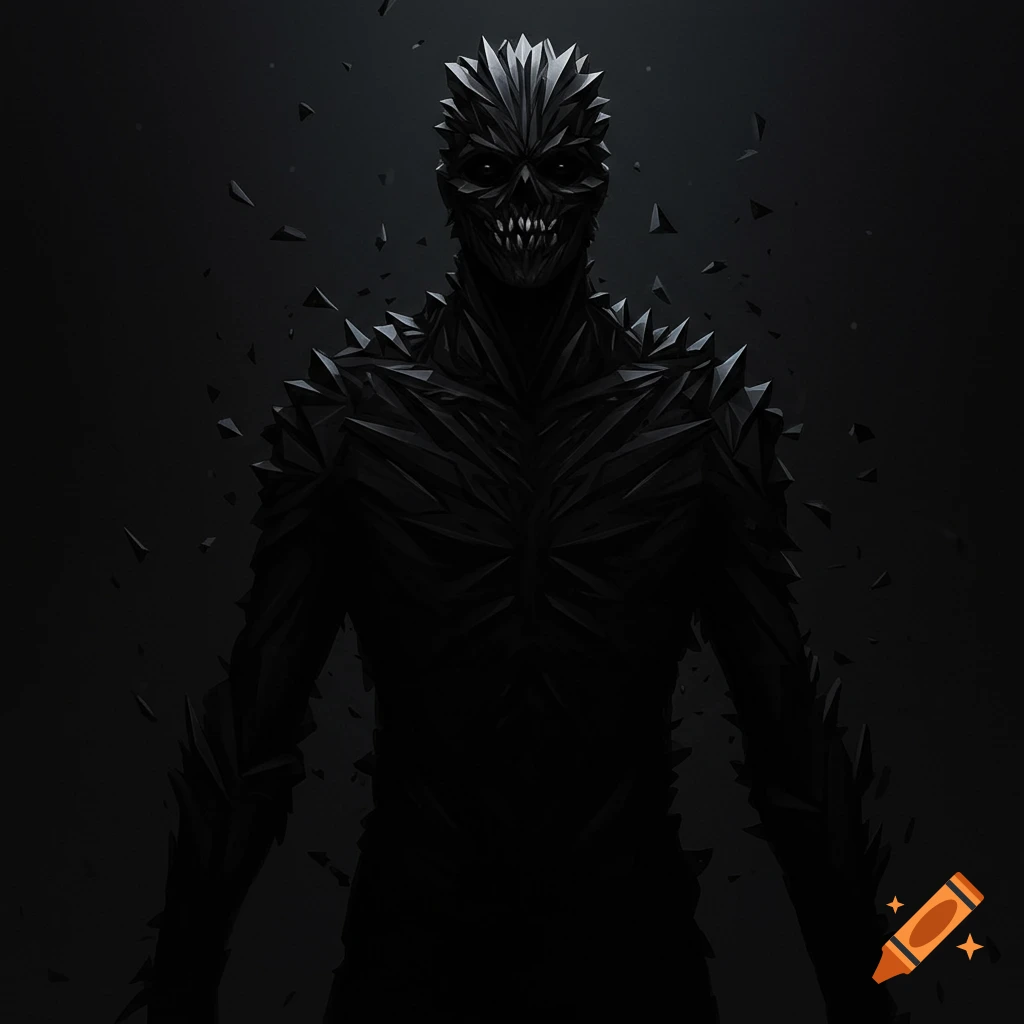 A dark, spiky monster made of sharp angles with glowing eyes and teeth.