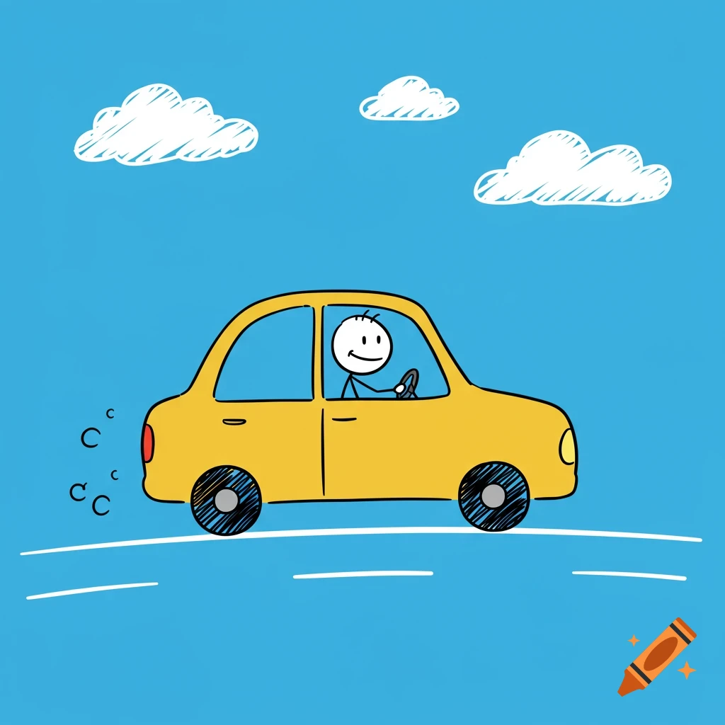 A stick figure driving a yellow car on a road in a cartoon style.