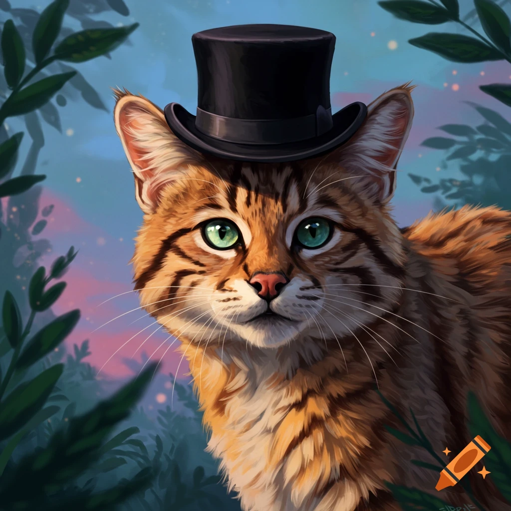 A wildcat wearing a black top hat, looking forward in a forest setting.
